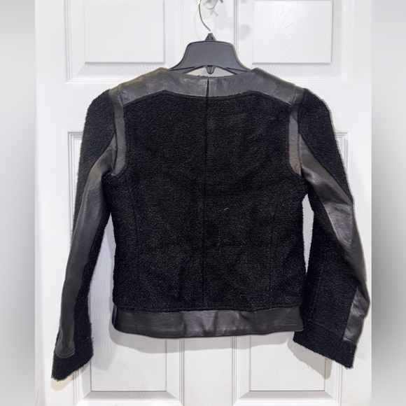 Club Monaco Motorcycle Jacket Womens SZ0 Black Wool Boucle Lambskin Leather Trim - Picture 6 of 11